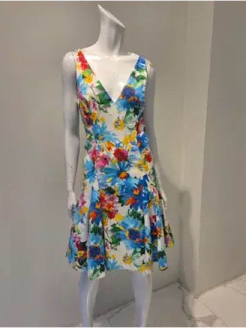 Ralph Lauren Floral V-Neck Midi Dress in White with Multicolor Blooms